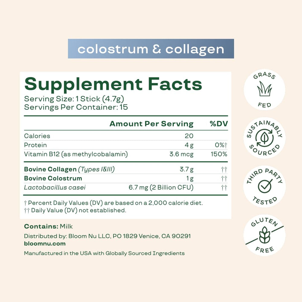 Bloom Nutrition label close-up highlighting gluten-free and sugar-free formula