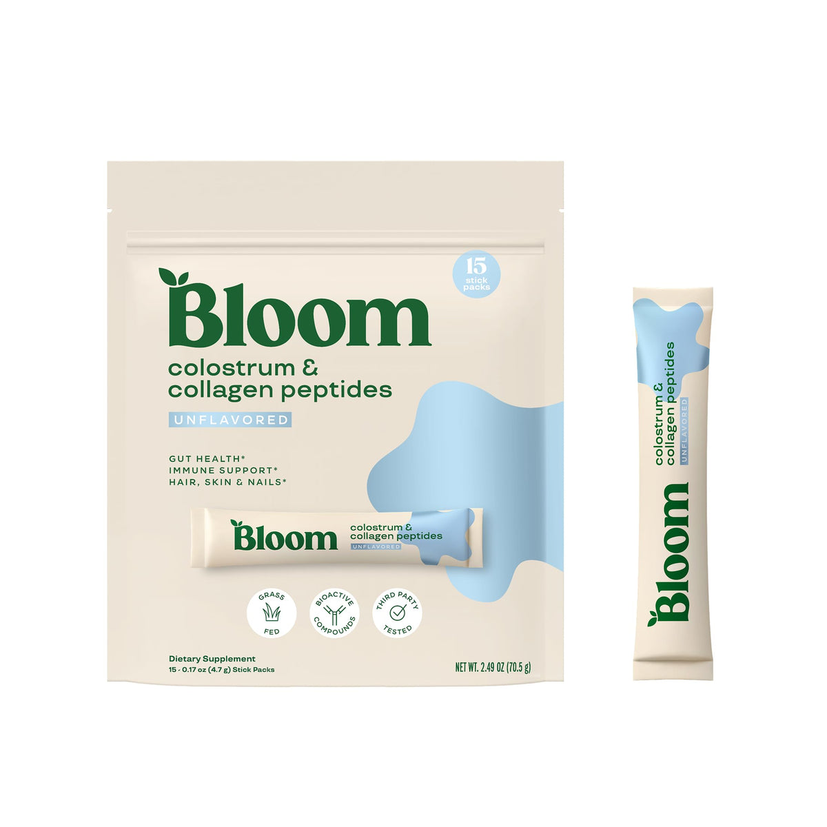 Bloom Nutrition bovine colostrum powder packet on table ready to mix for immune support