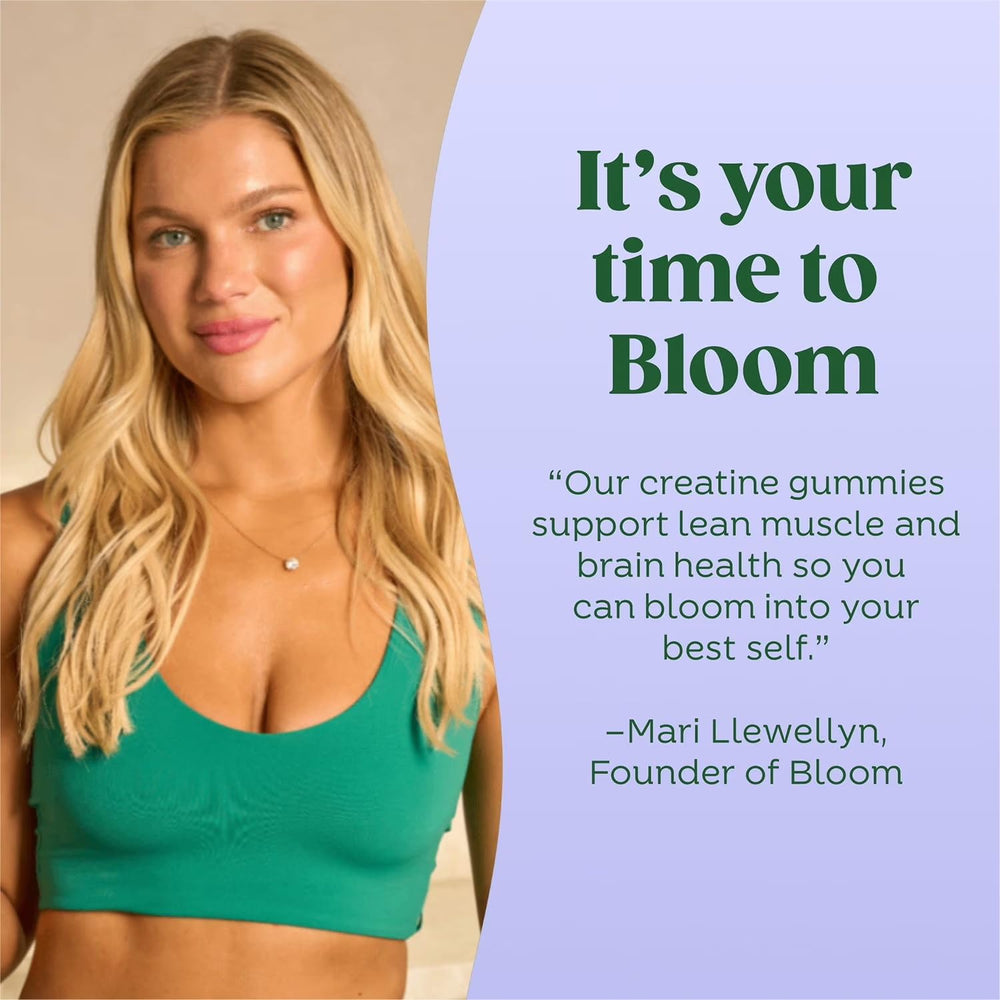 Bloom Nutrition Creatine Gummies close-up showing chewy texture and berry flavor.