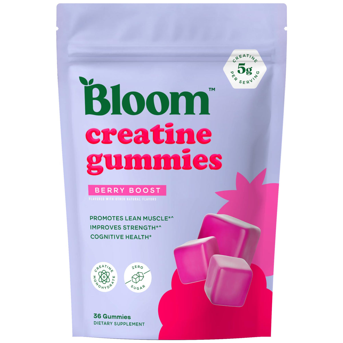 Bloom Nutrition Creatine Monohydrate Gummies Berry Boost bottle supports daily workout energy