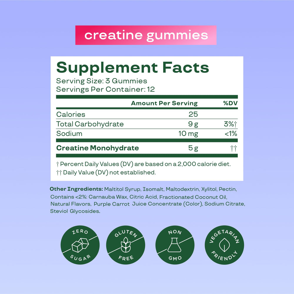 Bloom Nutrition Creatine Monohydrate Gummies Berry Boost pack highlights gluten-free, non-GMO ingredients