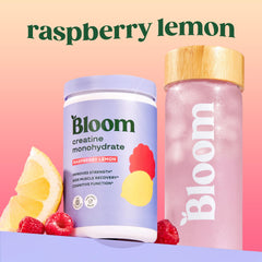 Bloom Nutrition Creatine Monohydrate Raspberry Lemon label highlights flavor option for workouts.