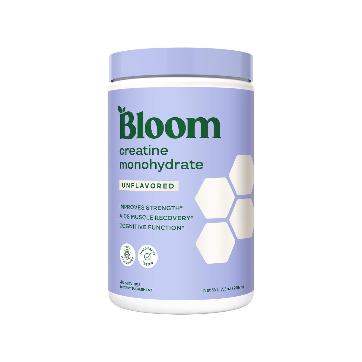 Bloom Nutrition Creatine Monohydrate jar front shows premium quality label.