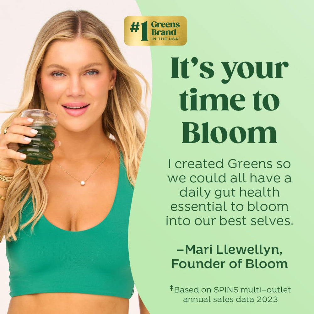 Bloom Nutrition green juice mixer with powder implies quick hydration and energy lift.