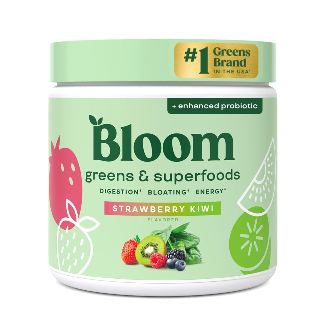 Bloom Nutrition greens and superfoods powder bottle ready for daily gut health routine.