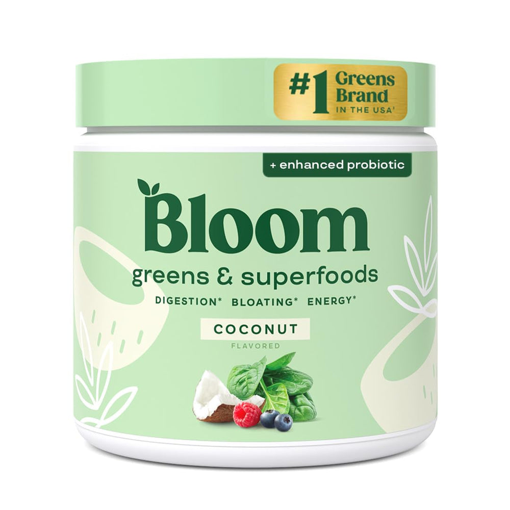 Bloom Nutrition Greens powder bottle front showing coconut flavor and vibrant packaging.