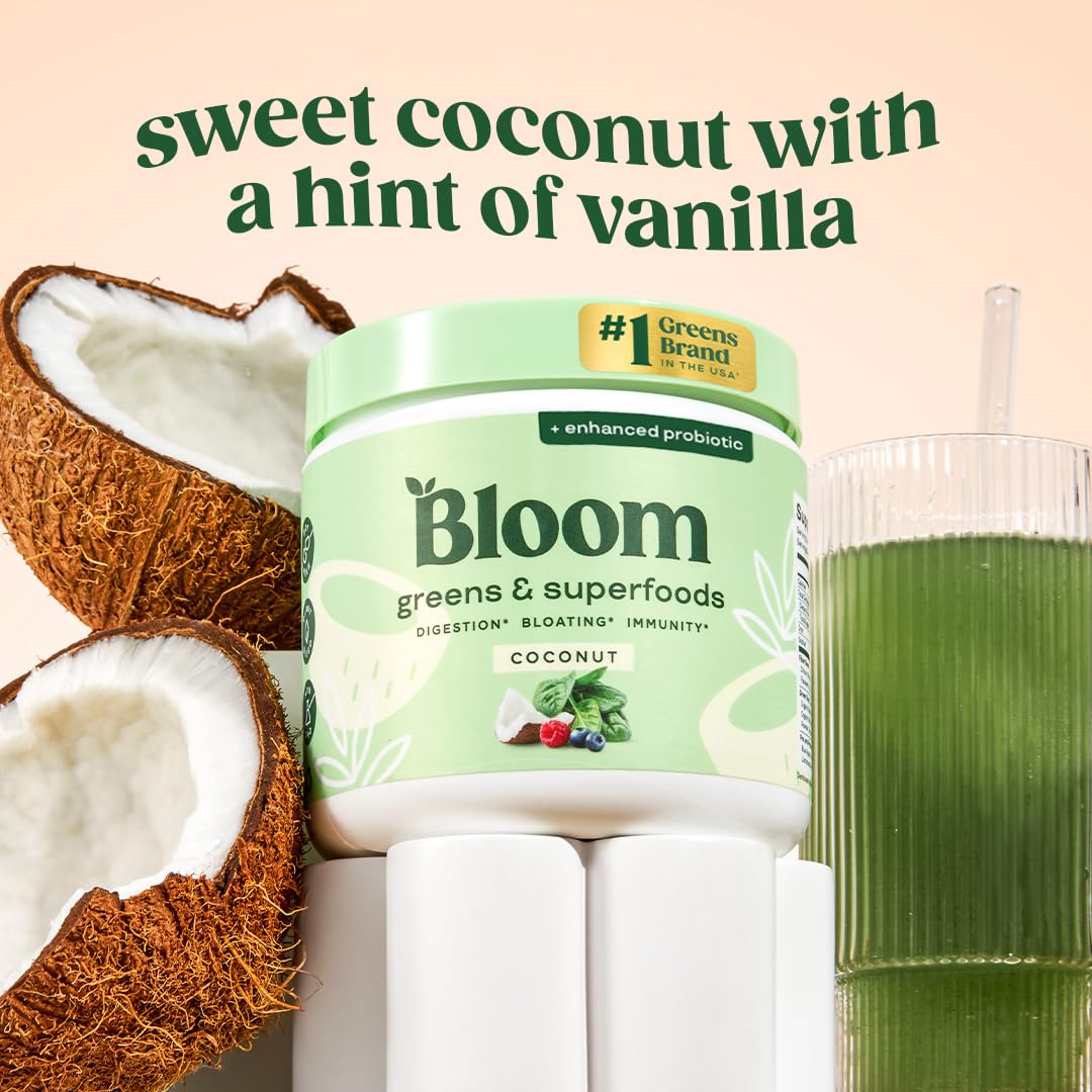 Bloom Nutrition Greens powder scoop demonstrates easy serving for a quick daily greens boost.