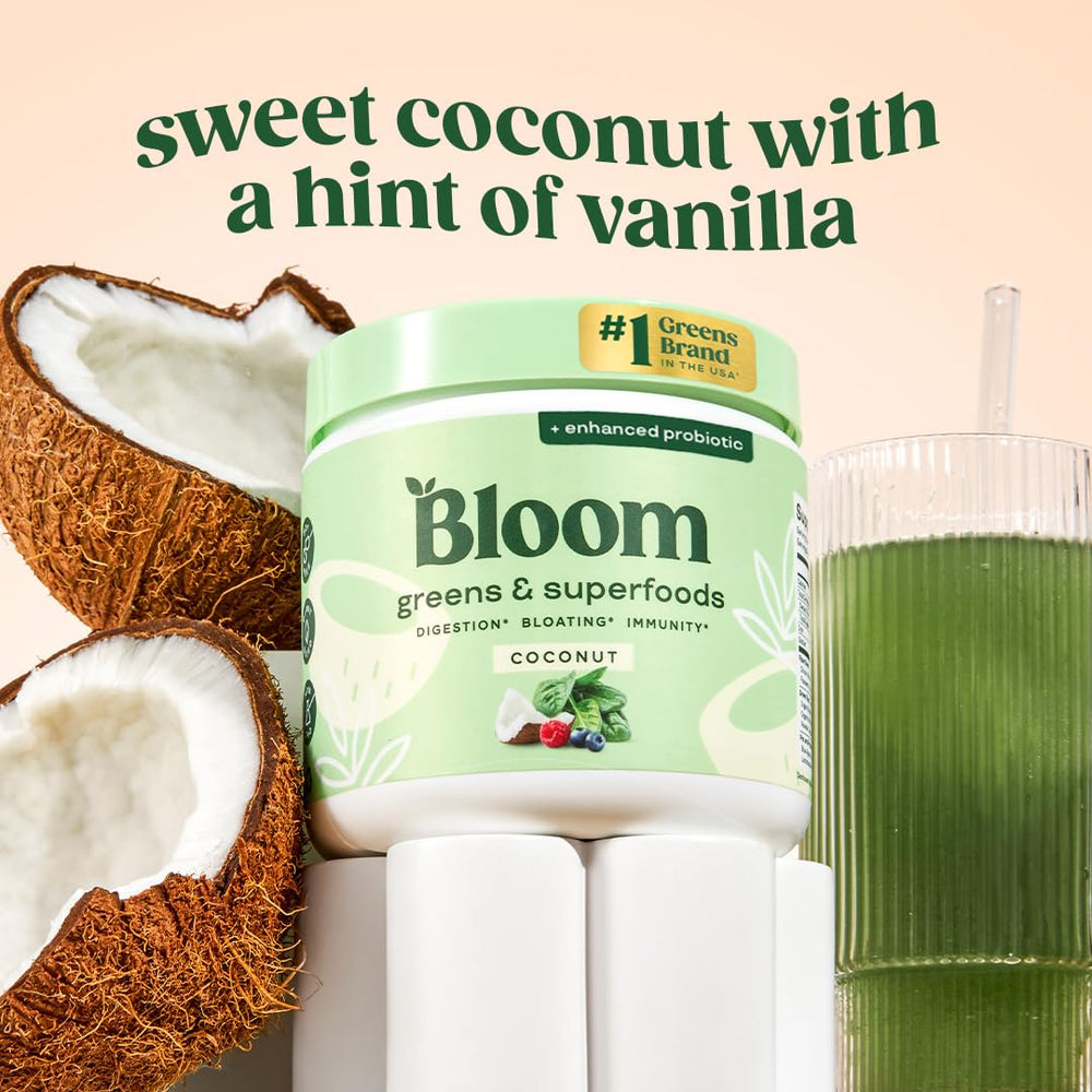 Bloom Nutrition Greens powder scoop demonstrates easy serving for a quick daily greens boost.