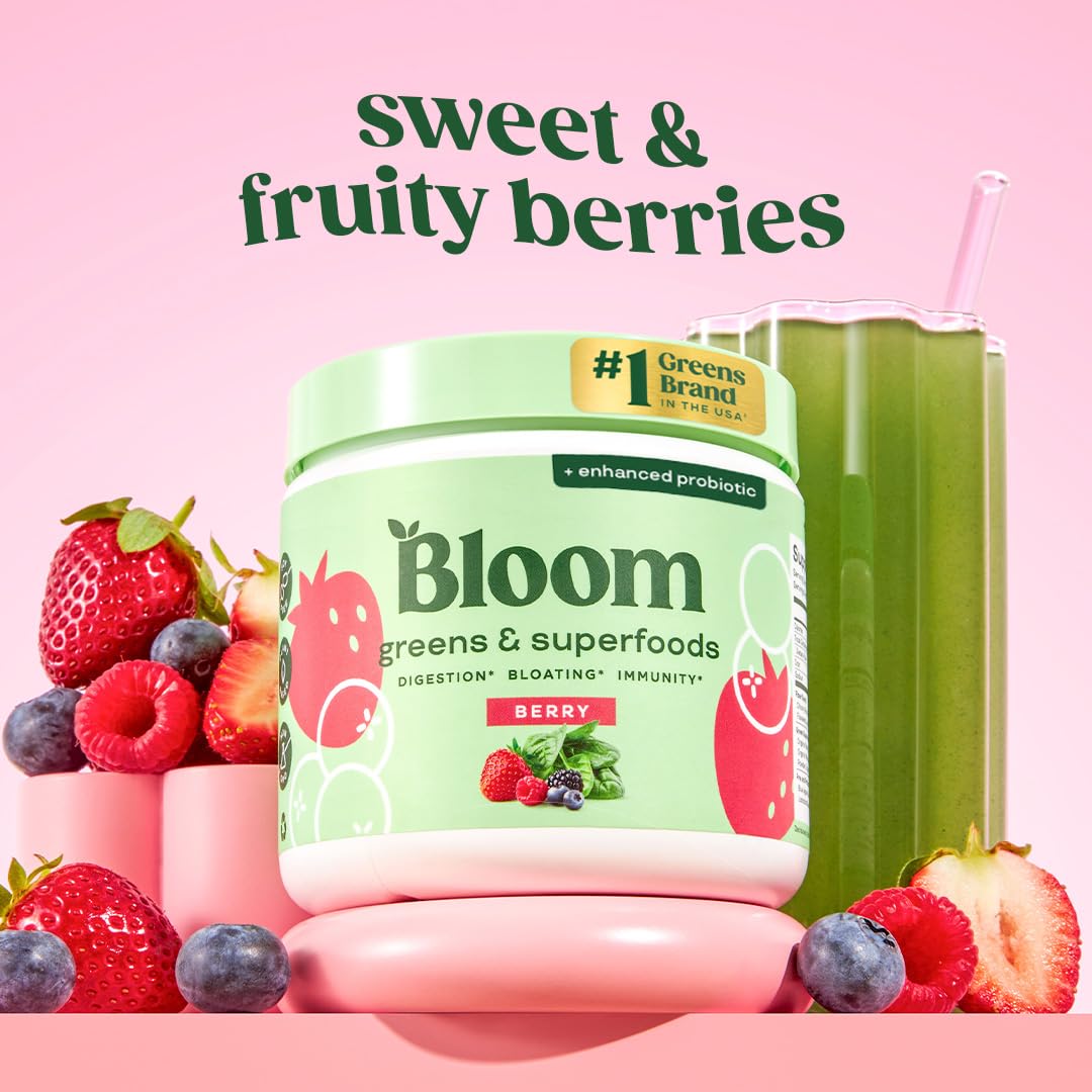 Bloom Nutrition Greens powder scoop pouring into glass for easy digestion support.