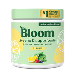 Bloom Nutrition greens powder tub front highlighting convenient daily greens intake.