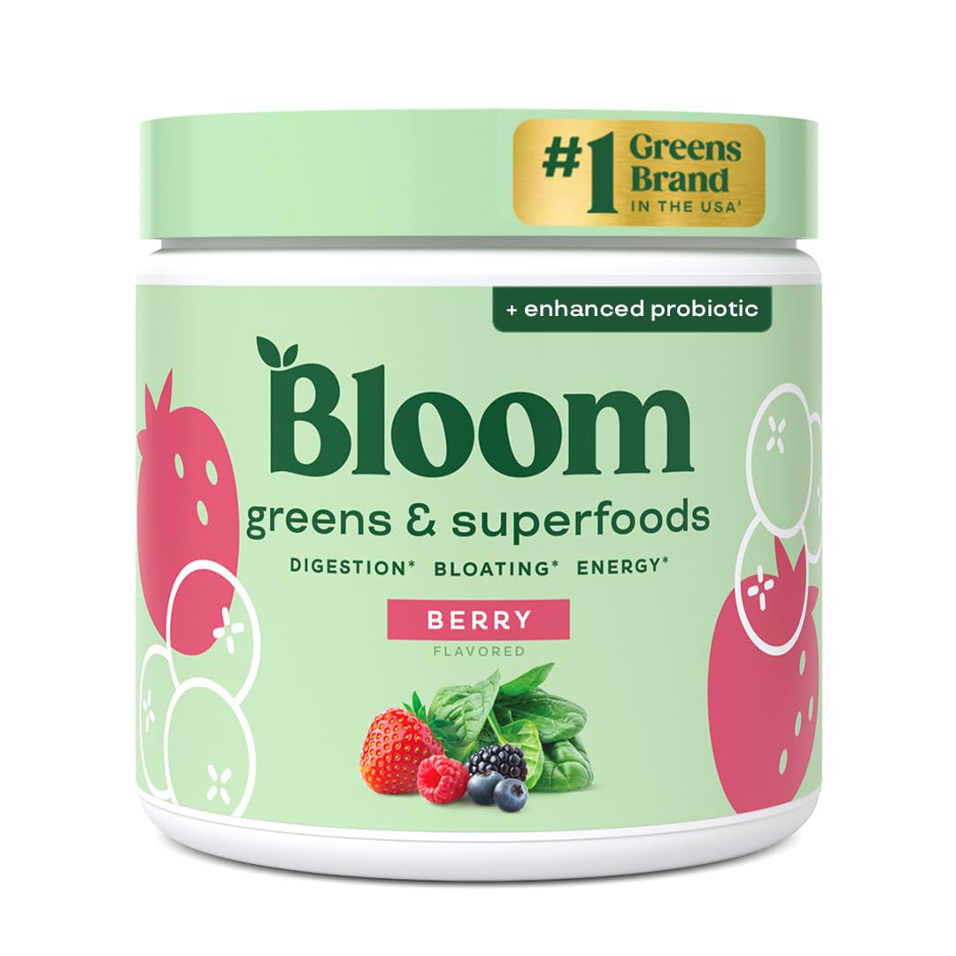 Bloom Nutrition Greens powder tub label highlighting 30+ ingredients for daily wellness.