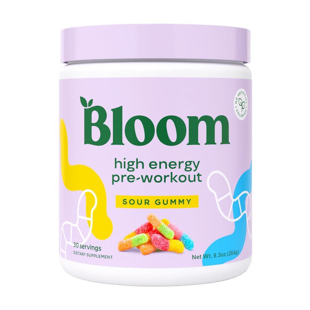 Bloom Nutrition High Energy Pre Workout Sour Gummy powder in tub for focused workouts.