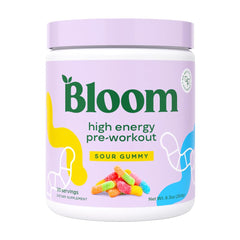 Bloom Nutrition High Energy Pre Workout Sour Gummy powder in tub for focused workouts.