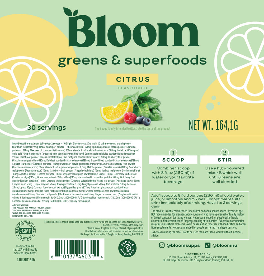 Bloom Nutrition ingredient label closeup showing plant based, dairy free options.