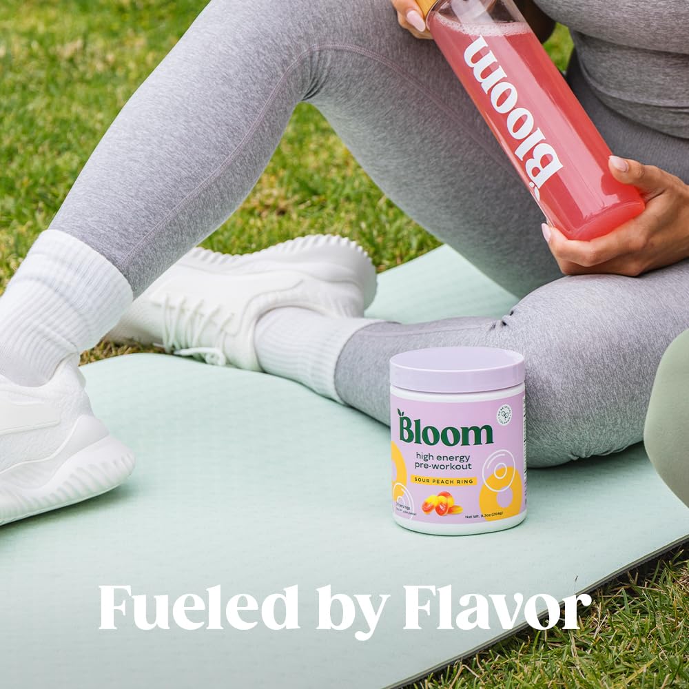 Studio shot of Bloom pre-workout bottle on a clean setup