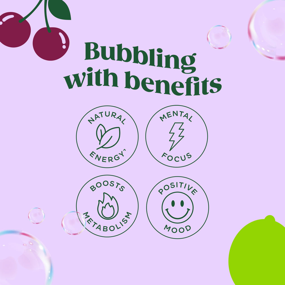 Bloom Nutrition Sparkling Energy Cherry Lime fizz highlighting zero sugar formula.