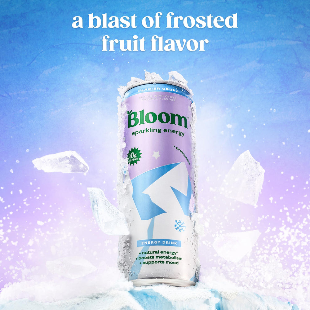 Bloom Nutrition Glacier Crush can closeup shows vibrant color and zero sugar formula for sustainable energy