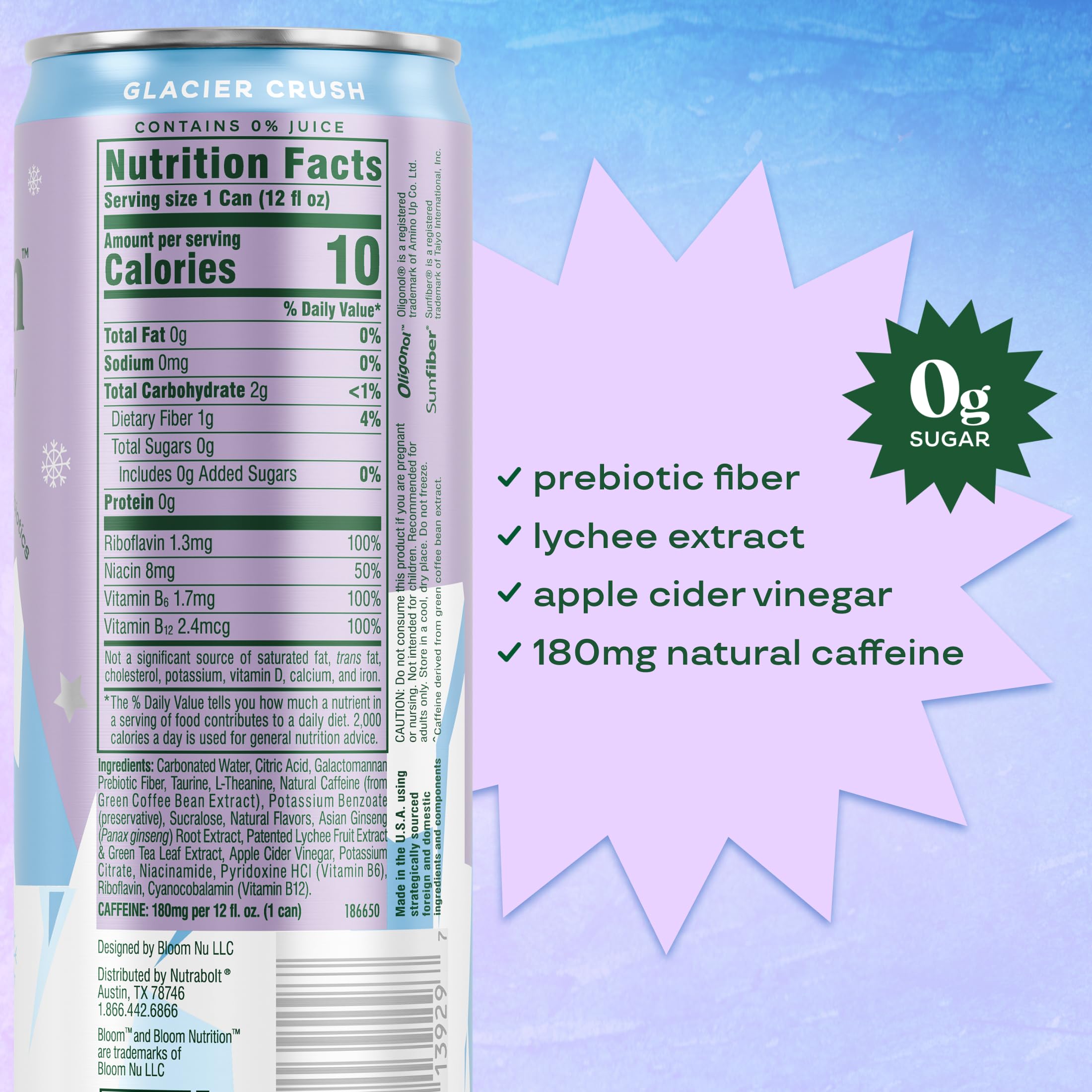 Bloom Nutrition Glacier Crush ingredients visual highlighting green tea extract and prebiotics