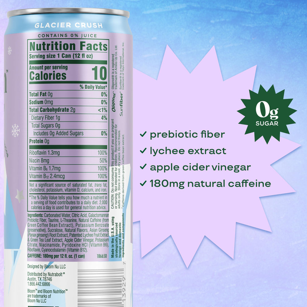 Bloom Nutrition Glacier Crush ingredients visual highlighting green tea extract and prebiotics