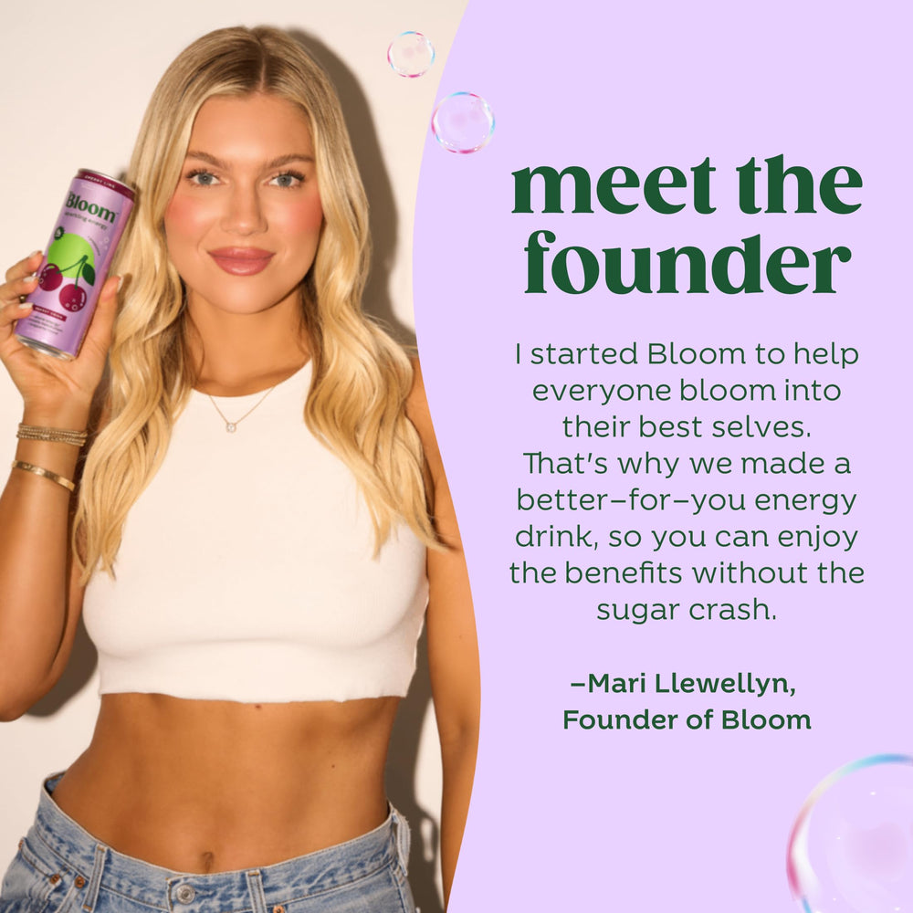 Bloom Glacier Crush label closeup highlights natural caffeine and antioxidant-rich ingredients