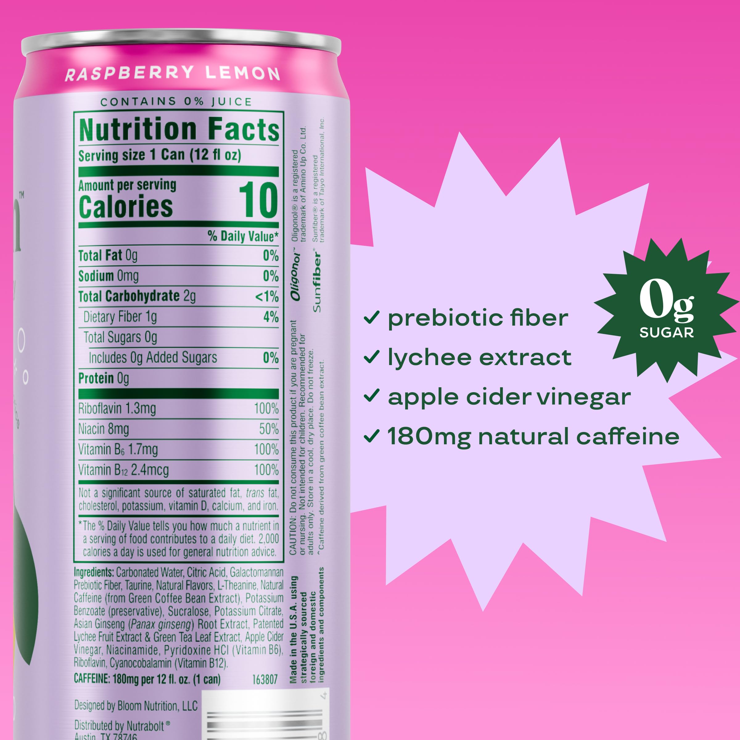 Bloom Nutrition Sparkling Energy green tea extract label underscores antioxidants and metabolism support