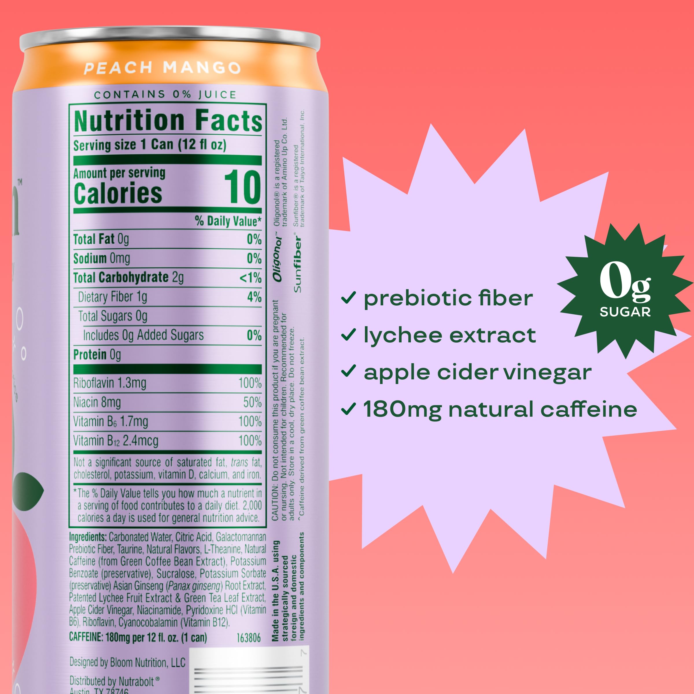 Bloom Nutrition Sparkling Energy ingredients featuring lychee and green tea