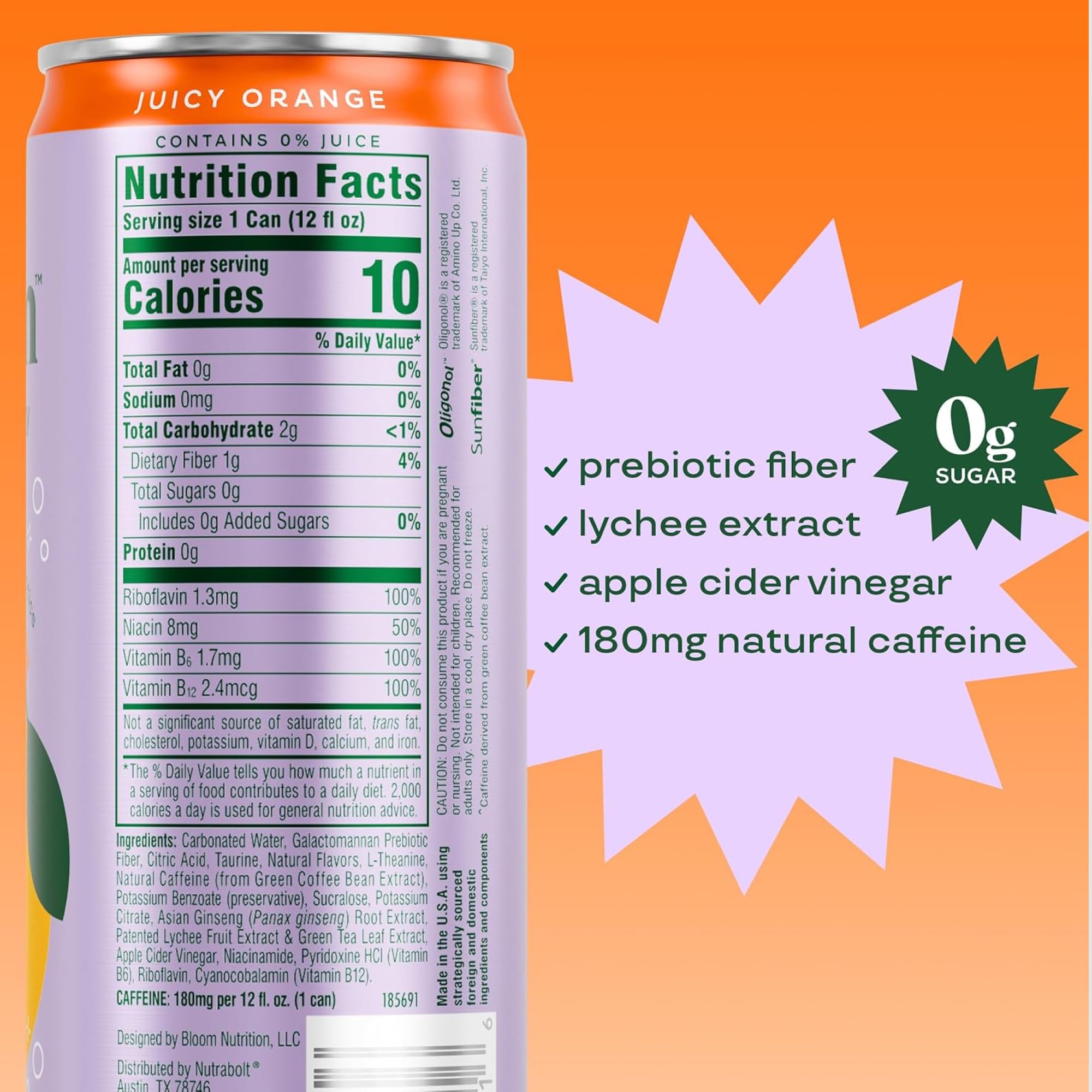 Bloom Nutrition Sparkling Energy Orange can close-up: bold flavor and zero sugar.