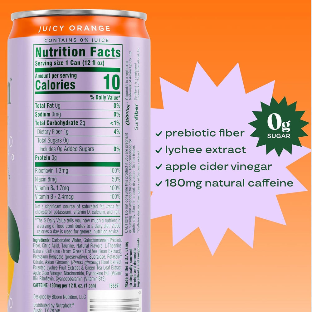 Bloom Nutrition Sparkling Energy Orange can close-up: bold flavor and zero sugar.