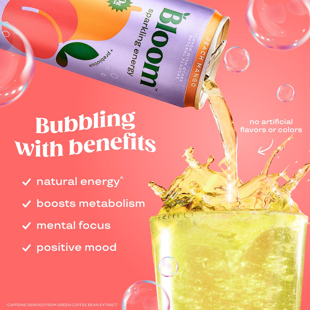 Bloom Nutrition Sparkling Energy being poured into a glass with lively fizz