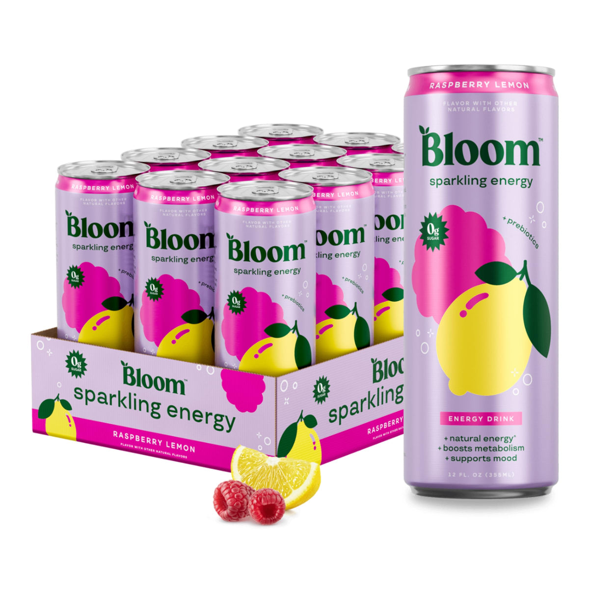Bloom Nutrition Sparkling Energy Raspberry Lemon can demonstrates zero sugar energy for focus