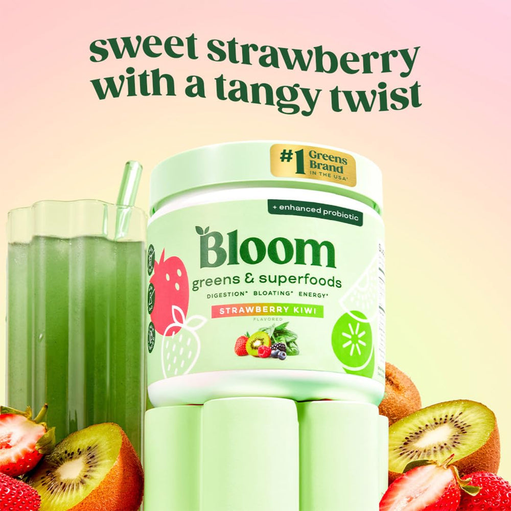 Bloom Nutrition strawberry kiwi scoop for a refreshing flavor boost.