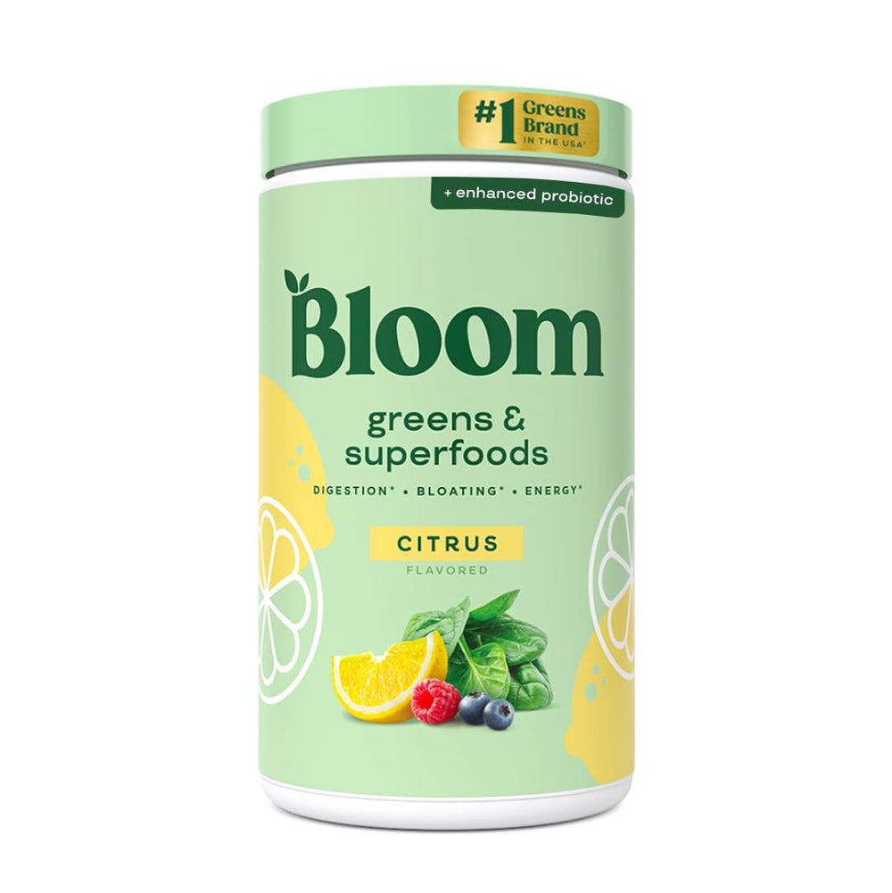 Bloom Nutrition superfood greens powder canister on shelf for daily nutrition boost