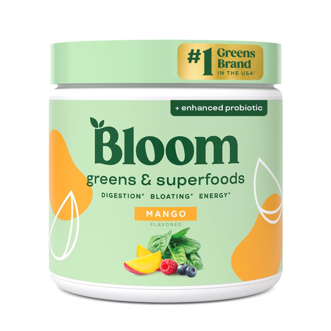 Bloom Nutrition superfood greens powder mango bottle pour for a convenient daily greens boost.