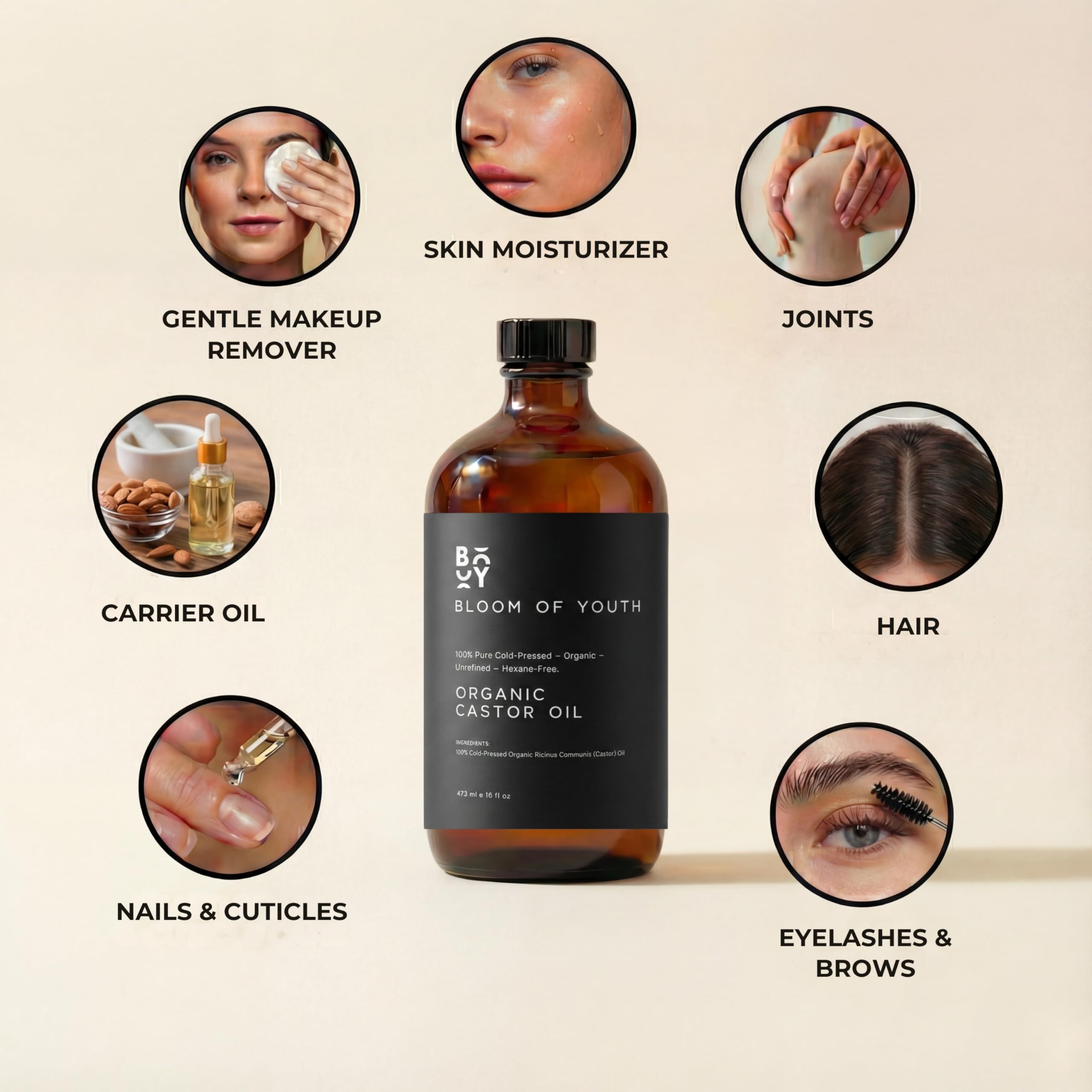 Bloom of Youth USA-made castor oil in dark bottle