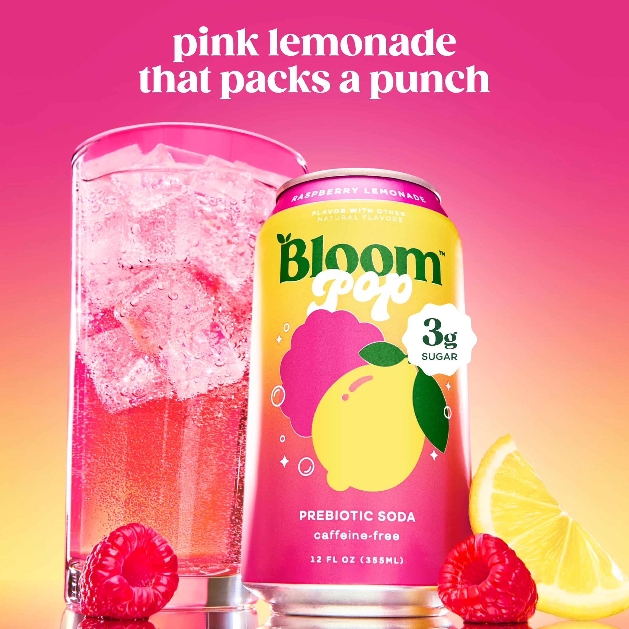 Glass with Bloom Pop bubbles—cool, caffeine-free option for any time.