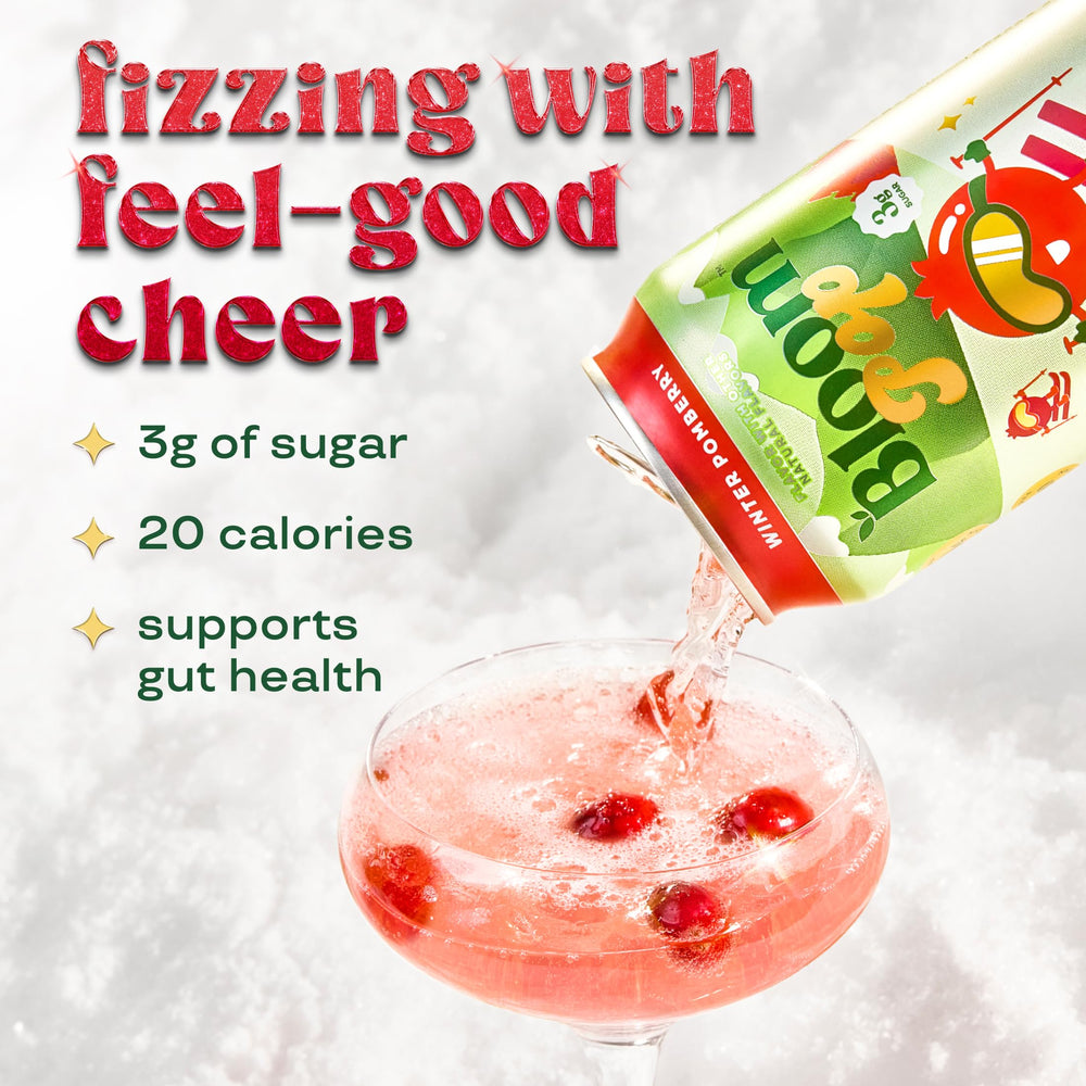 Bloom Pop ingredients visual shows no artificial flavors, colors, or preservatives