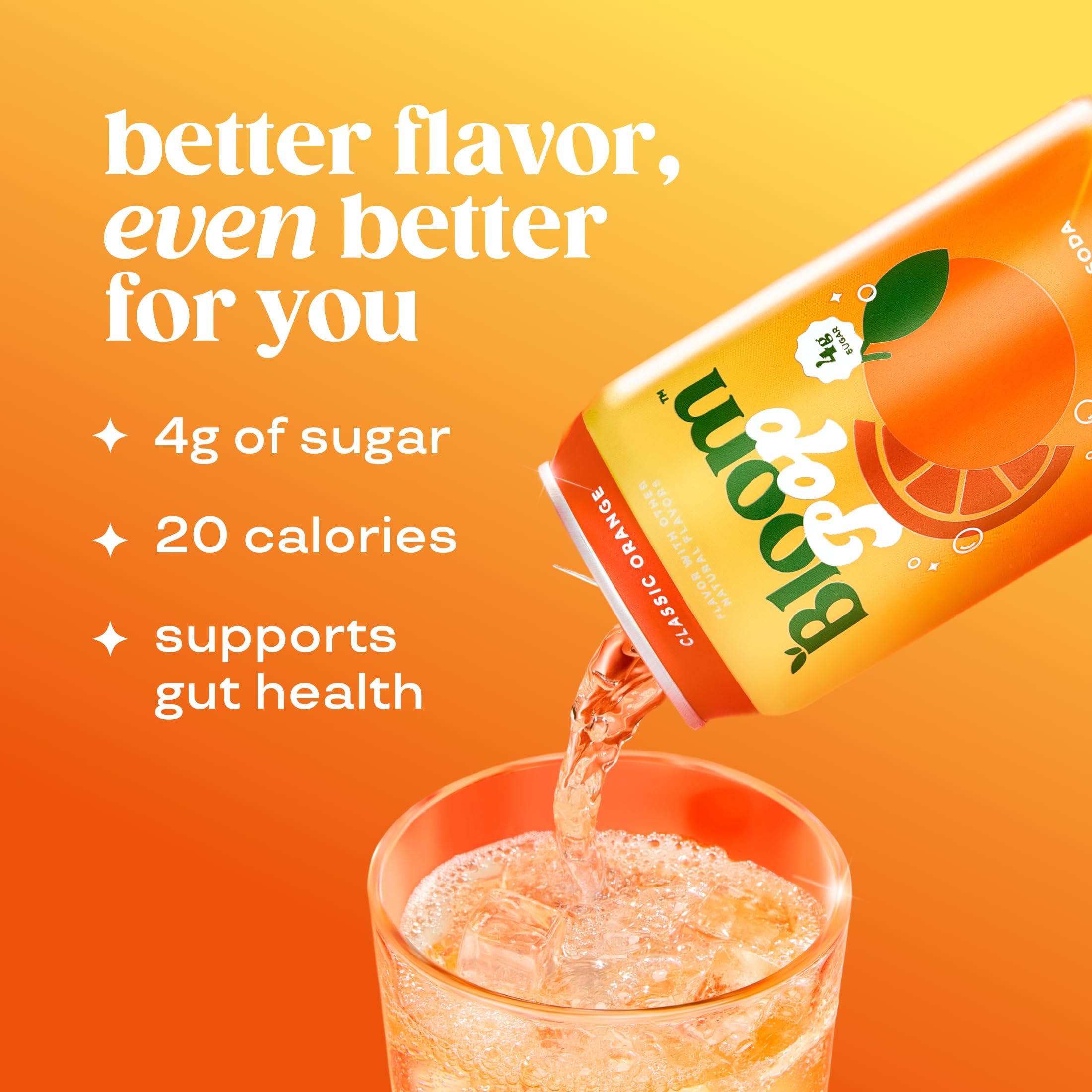 Close-up of Bloom Pop orange bottle label, vibrant flavor cue.