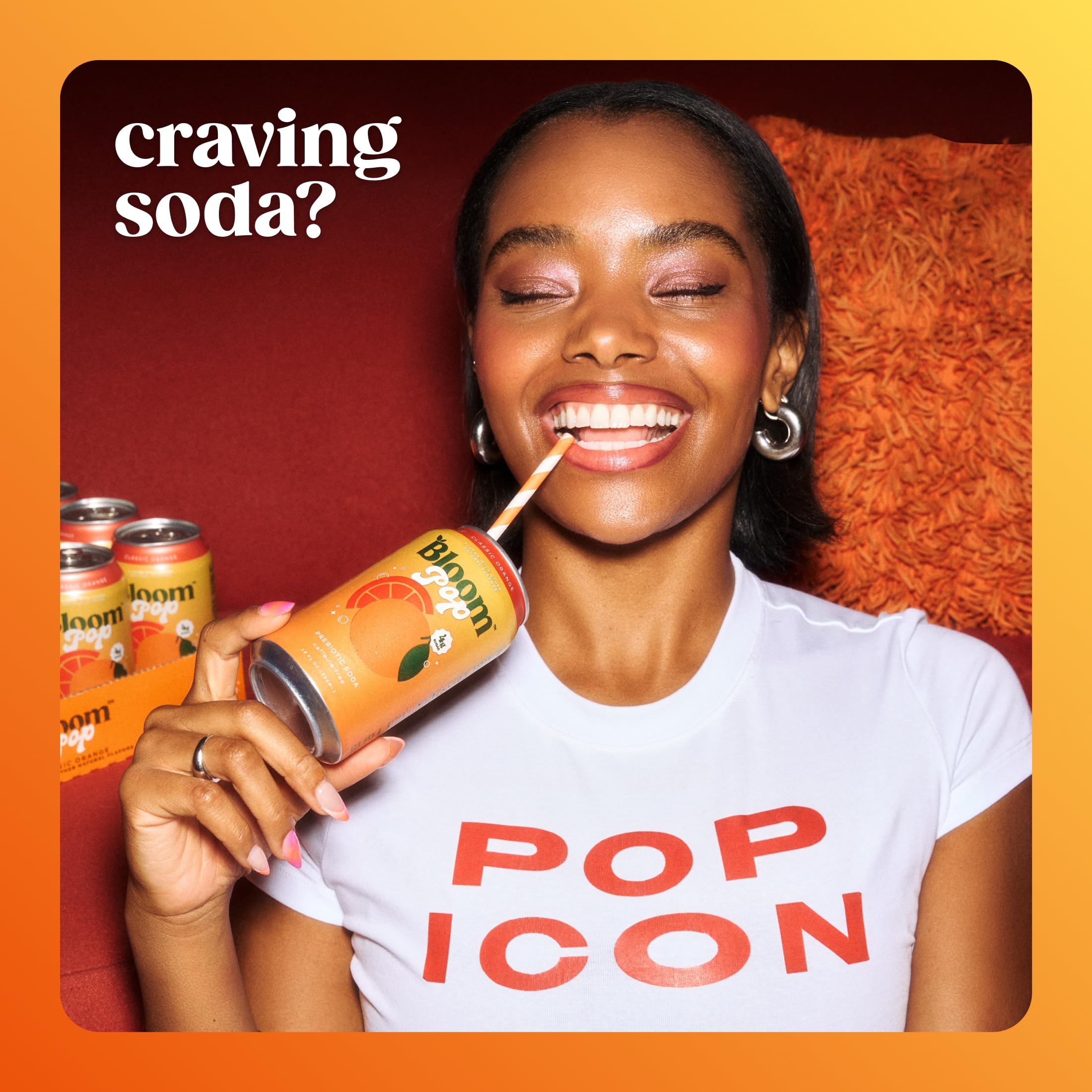 Bloom Pop orange label with nutrition details for a mindful choice.
