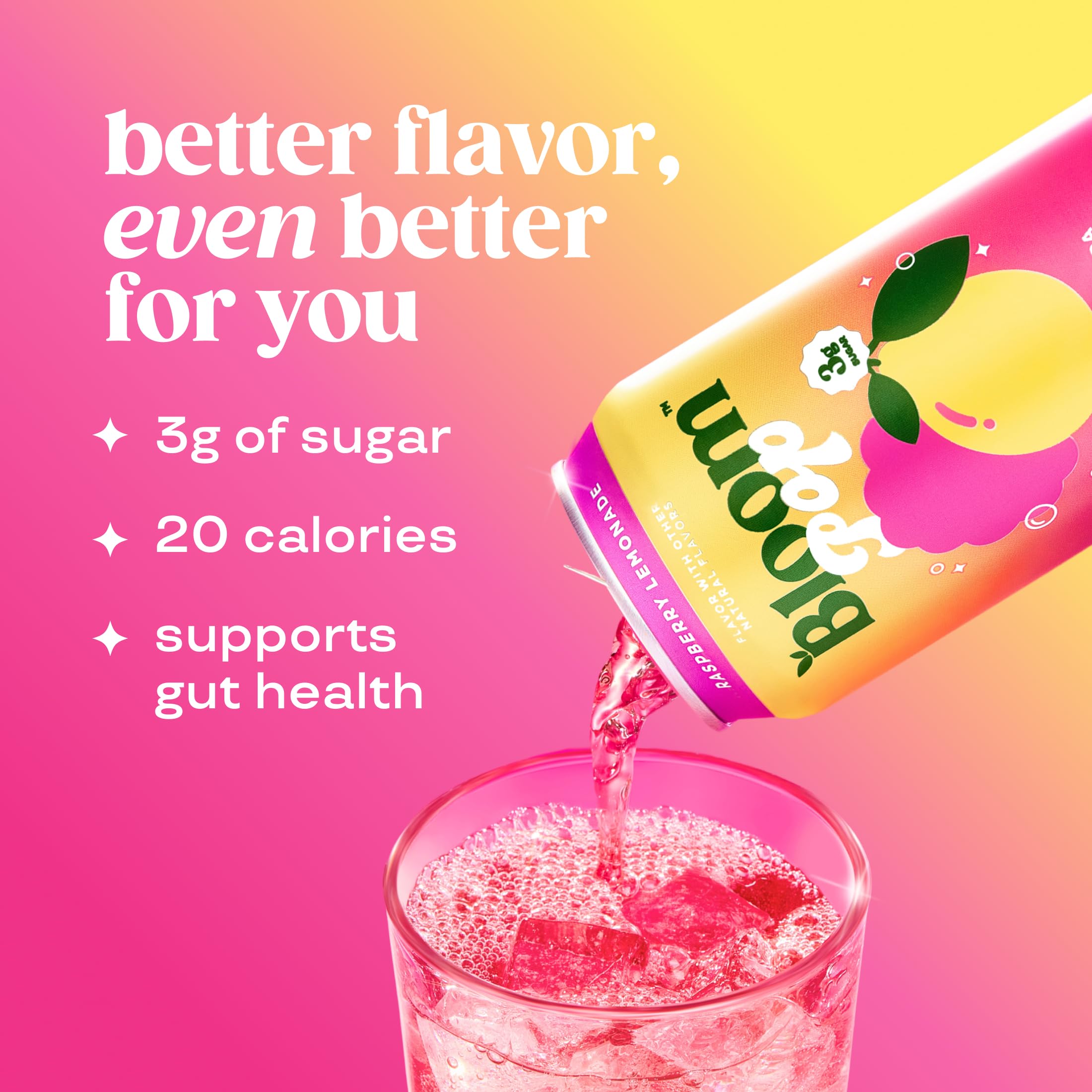 Pouring Bloom Pop Raspberry Lemonade—sparkling moment ready to refresh.