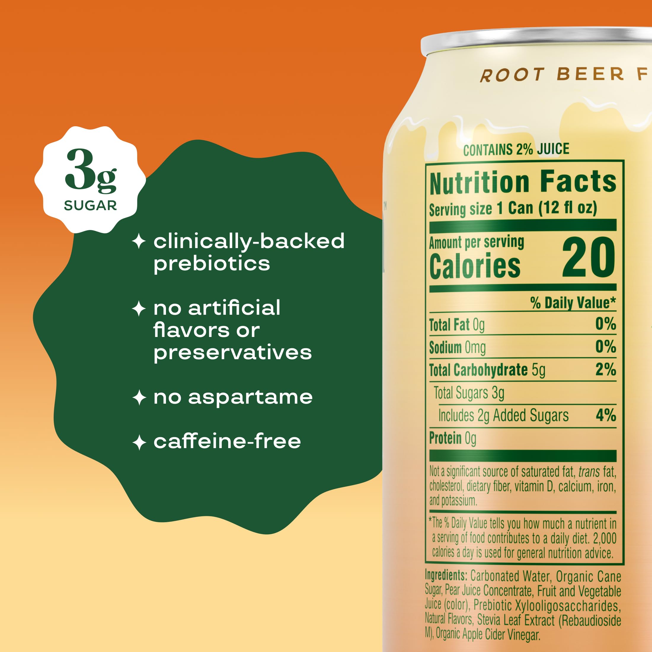 Bloom Pop Prebiotic Soda can side view highlighting caffeine-free, gut-friendly option