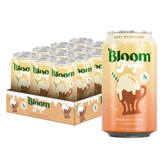 Bloom Pop Prebiotic Soda Root Beer Float can with vibrant label for a refreshing low-calorie treat