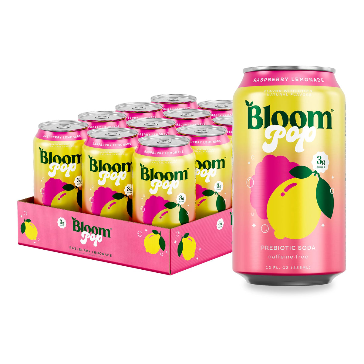 Bloom Pop Raspberry Lemonade can—vibrant, refreshing, low-cal prebiotic soda.
