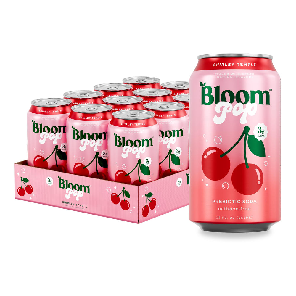 Bloom Pop Shirley Temple can front view, caffeine-free prebiotic refreshment.