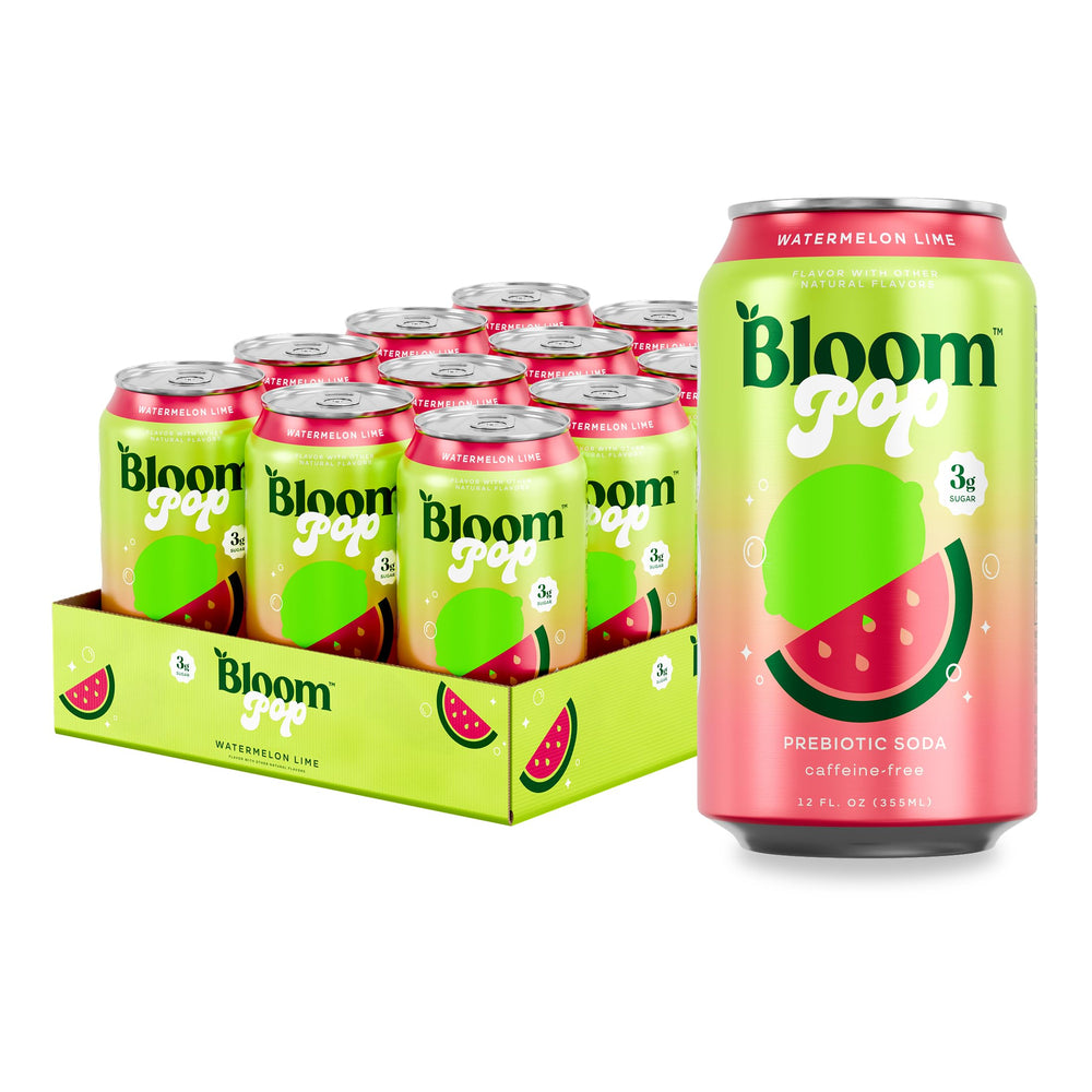 Bloom Pop Watermelon Lime can, a low-calorie caffeine-free option for refreshment.