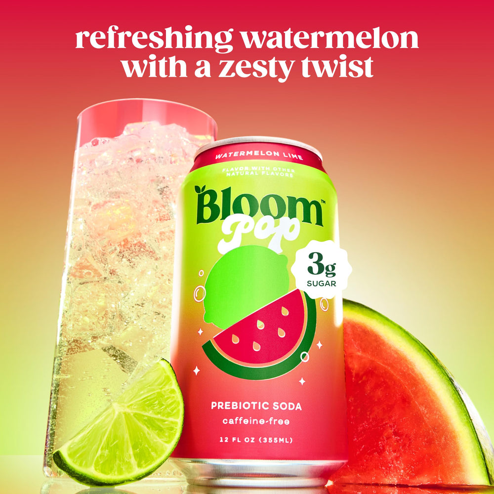 Bloom Pop Watermelon Lime ingredients close-up highlights prebiotic fiber benefits.