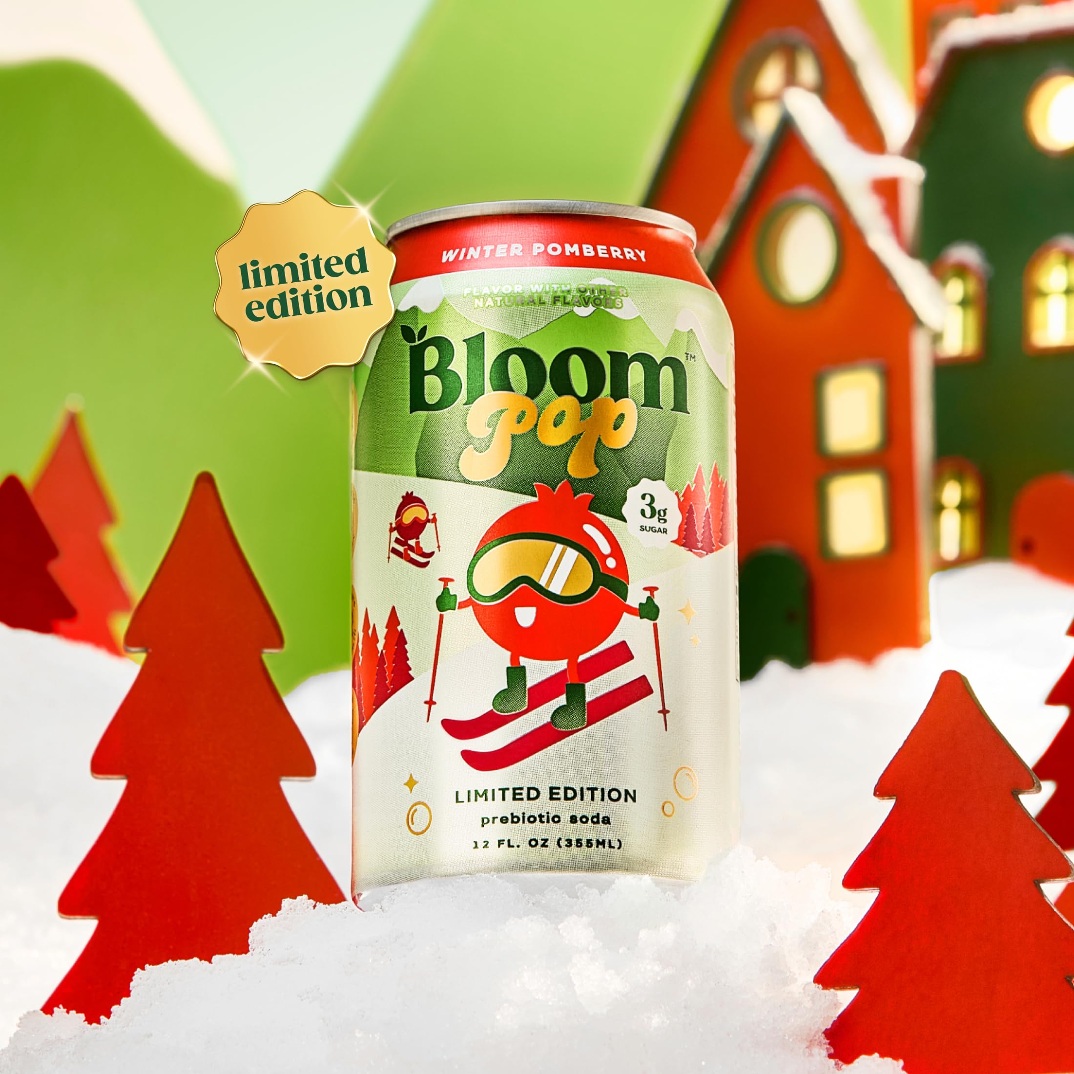 Bloom Pop bottle on a winter setup signals low-calorie, caffeine-free refreshment