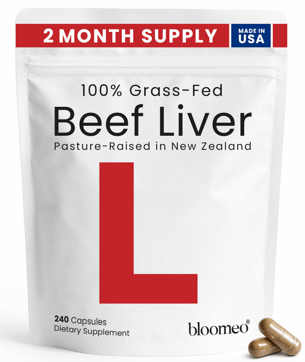 Bloomeo Beef Liver Capsules front label shows USA-made quality and transparent sourcing.