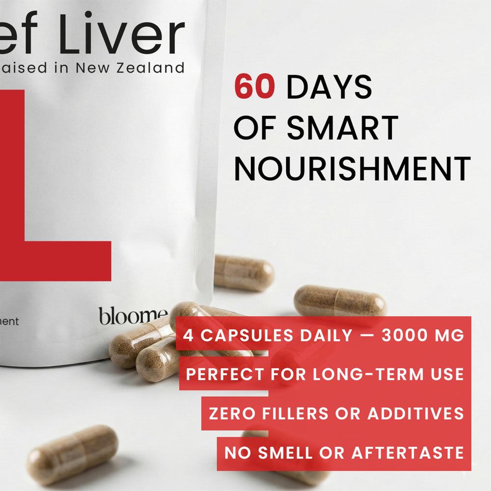 Bloomeo Beef Liver Capsules from pasture-raised New Zealand source.