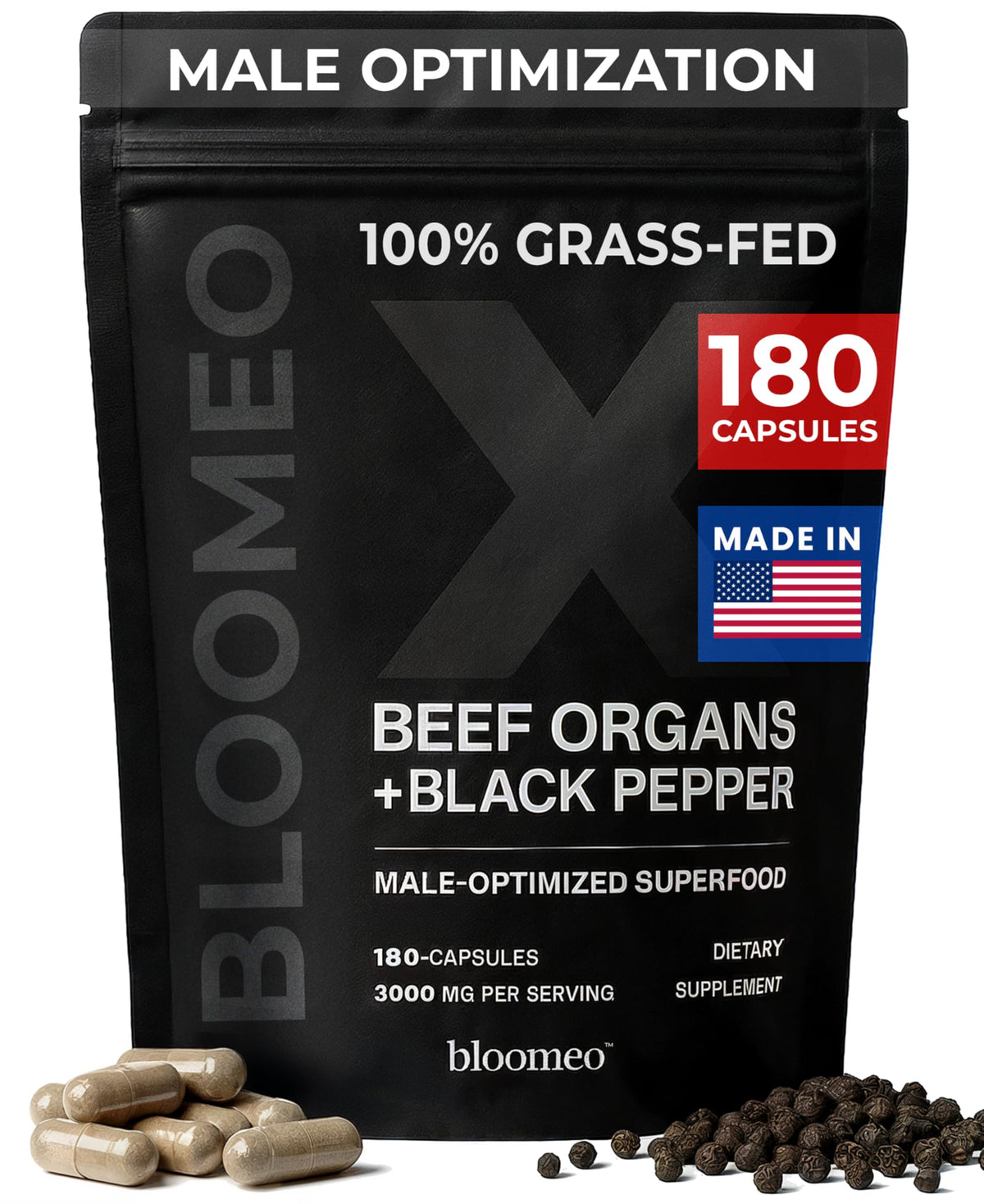 Bloomeo beef organ supplement bottle highlighting ancestral nutrition for daily energy support.