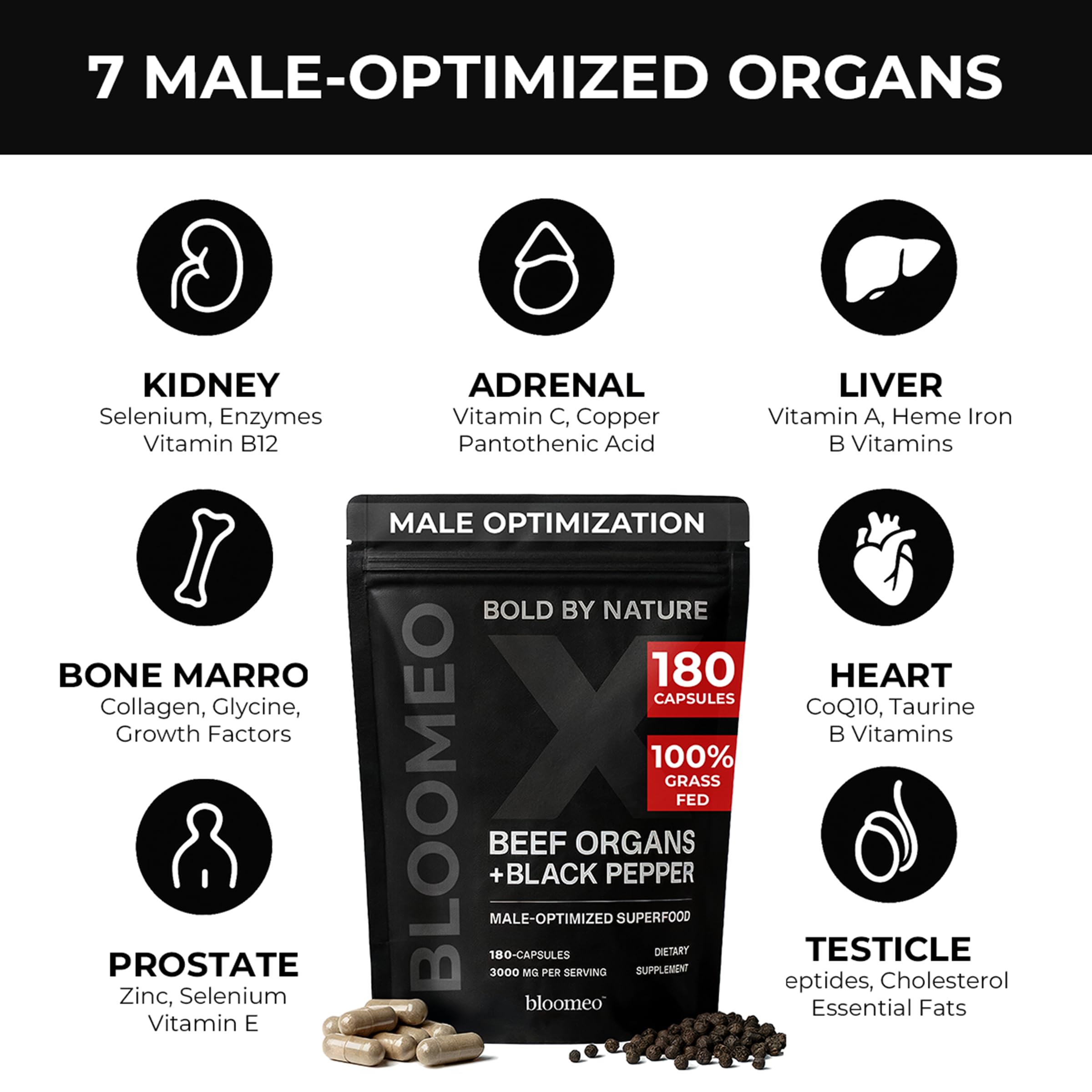 Bloomeo beef organ supplement packaging front emphasizes grass-fed origin and clean nutrition.